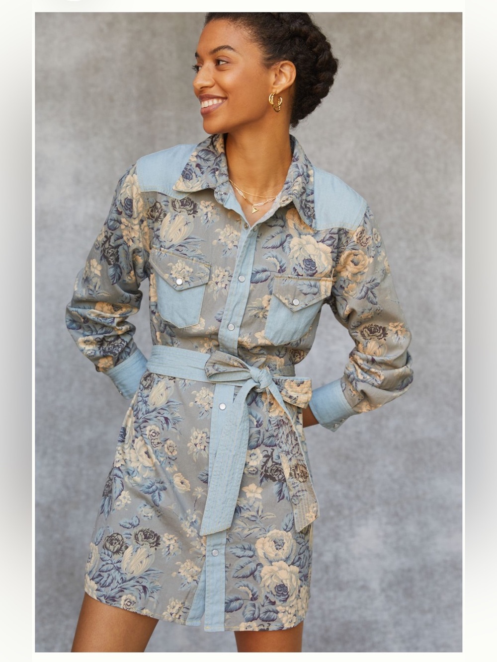 Love the Label for Anthropologie Floral Chambray Mini Dress, Size L, EUC